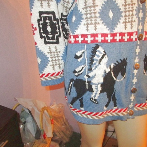 VTG Delia McKain NATIVE Warrior Size L CARDIGAN Sweater HORSE Cross AZTEC Pony - Picture 4 of 9